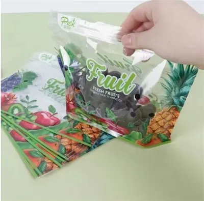 थोक उच्च गुणवत्ता वाले फल और सब्जी स्टैंड अप बैग हैंडल और एयर होल के साथ