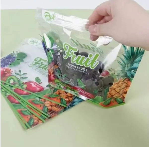 थोक उच्च गुणवत्ता वाले फल और सब्जी स्टैंड अप बैग हैंडल और एयर होल के साथ